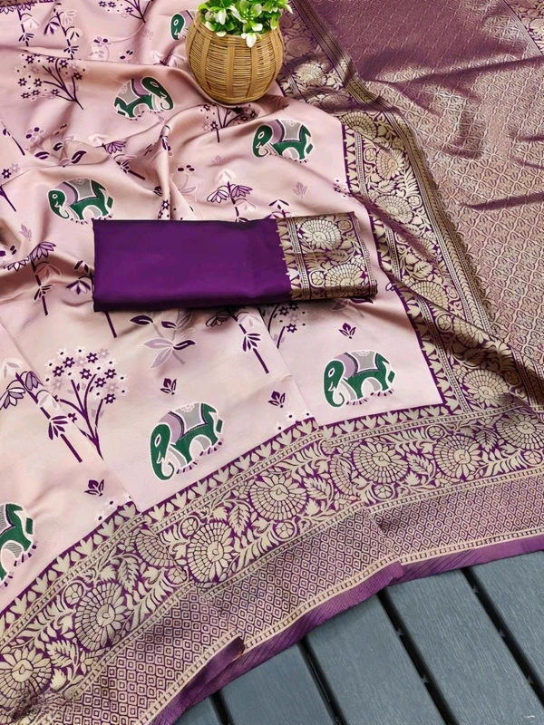 Lichi Silk Saree | रेशमी साड़ियाँ  - Light indigo, Free Size