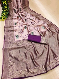 Lichi Silk Saree | रेशमी साड़ियाँ  - Light indigo, Free Size
