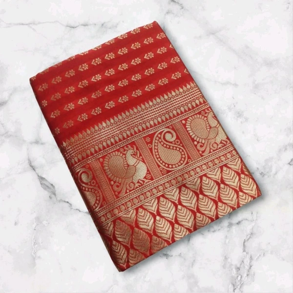  Banarasi Lichi Silk Saree | बनारसी मुलायम लीची सिल्क साड़ी   - Guardsman Red, Free