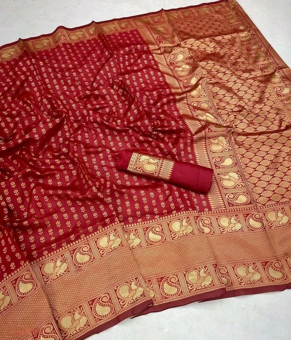  Banarasi Lichi Silk Saree | बनारसी मुलायम लीची सिल्क साड़ी   - Guardsman Red, Free
