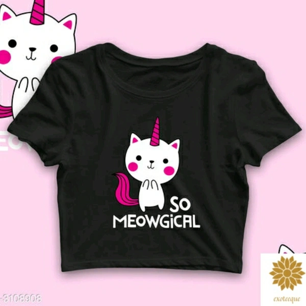 So Meowgical Cotton Printed Black Crop Top - XXL