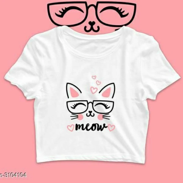 Meow Cotton Printed White Crop Top - M