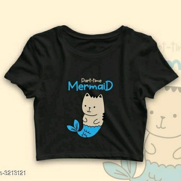 Dart-Time Mermaid Black Cotton Printed Crop Top - xxl