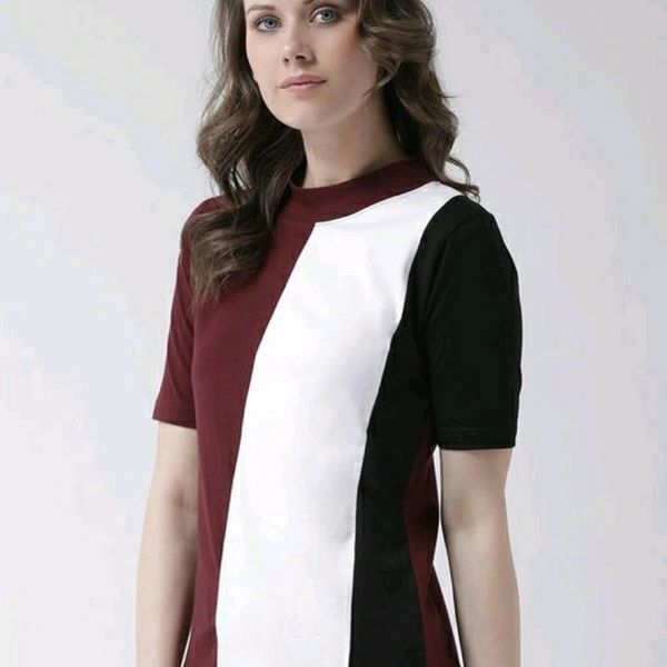 Maroon Black And White Colour Blocked Cotton T-shirt - S