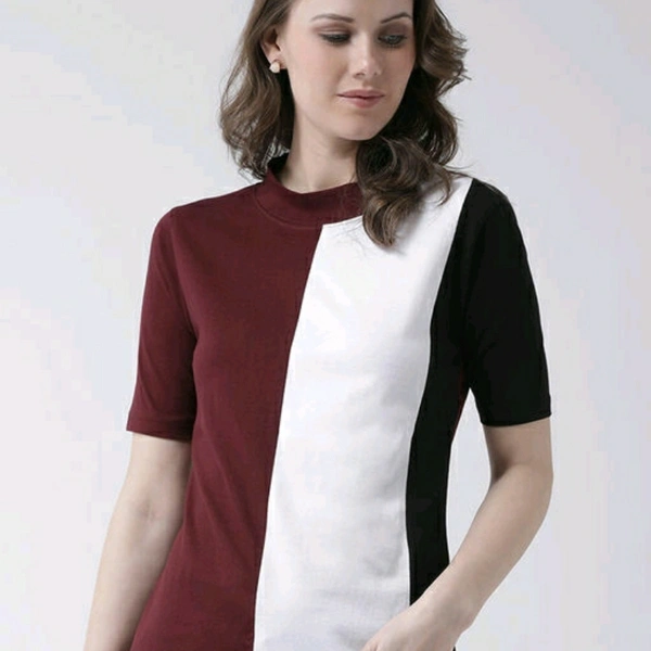 Maroon Black And White Colour Blocked Cotton T-shirt - S