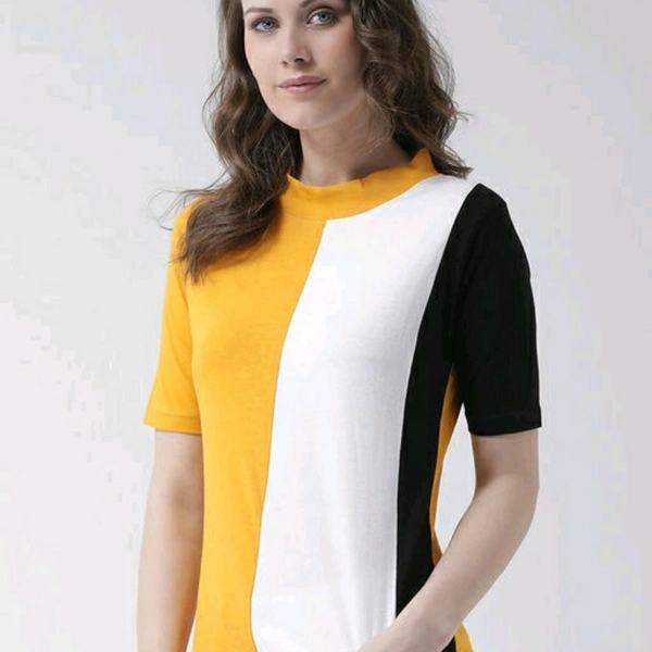 Yellow Black And White Colour Blocked Women's T-shirt - S
