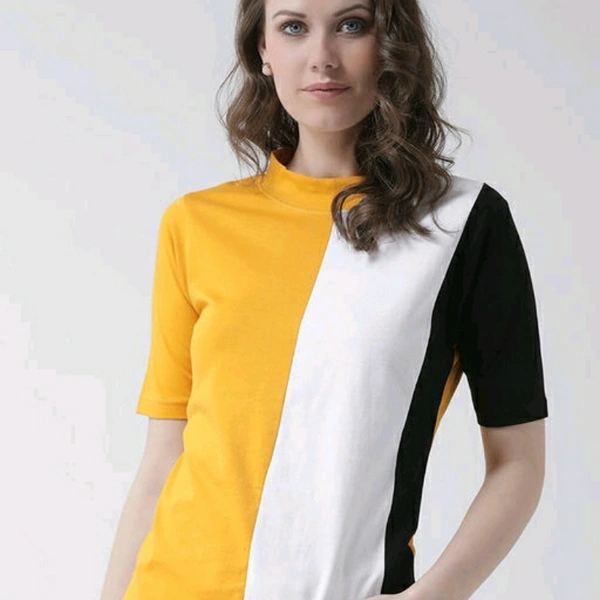 Yellow Black And White Colour Blocked Women's T-shirt - S