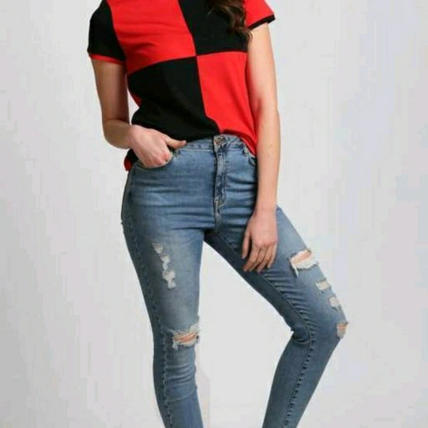 Red Black And White Colour Blocked Cotton T-shirt - XL
