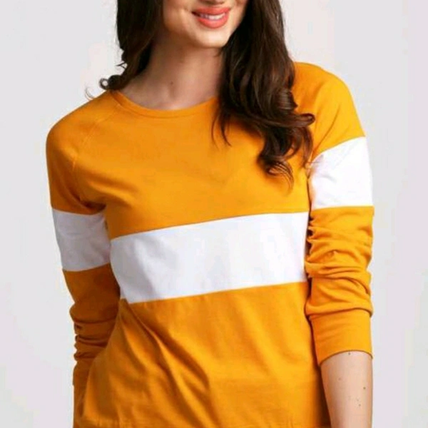 Mustard And White Colour Blocked Full Sleeve T-shirt - XL