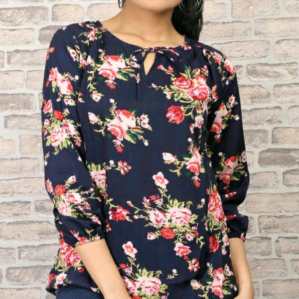 Printed Navy Blue Crepe Top - XL