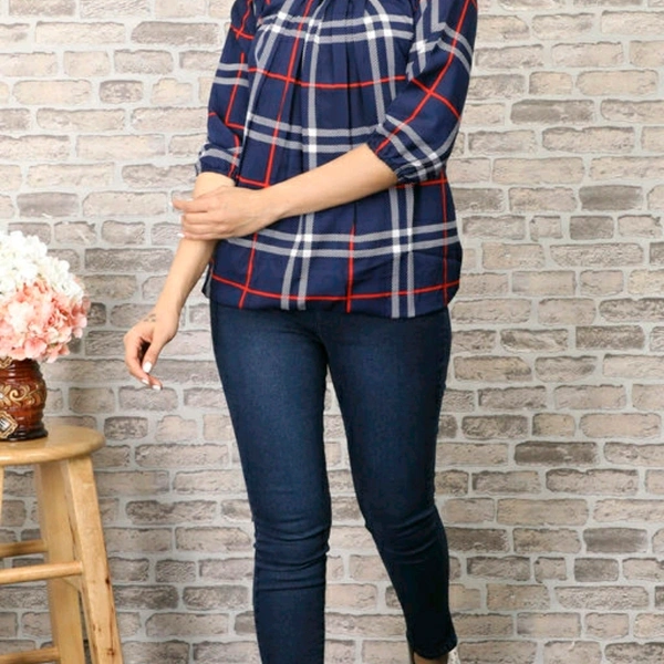 Checkered Blue Crepe Top - S