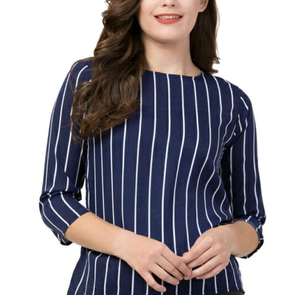 White Striped Navy Blue Top For Women - S