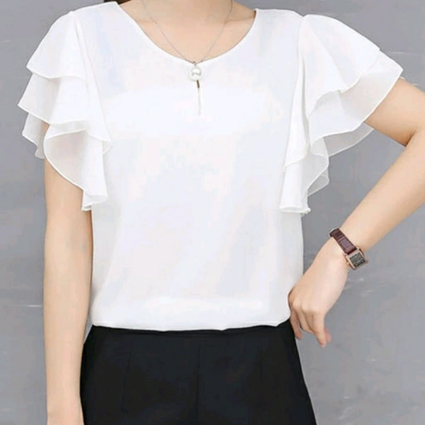 White Ruffle Sleeve Top For Women - L