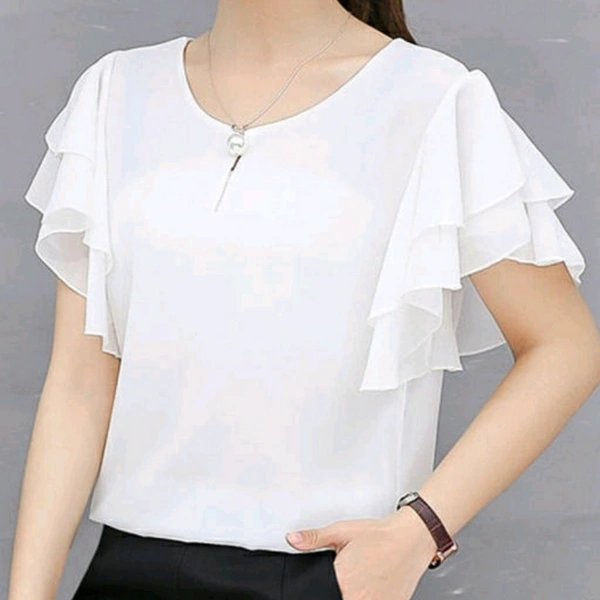 White Ruffle Sleeve Top For Women - L
