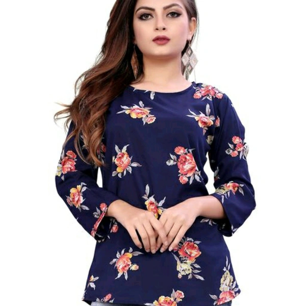 Floral Printed Navy Blue Crepe Top For Women - XS