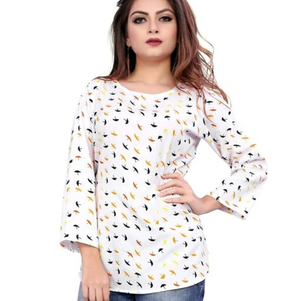 Printed White Crepe Top For Women - XS