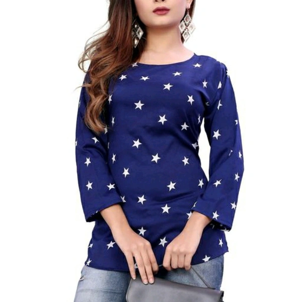 Floral Printed Polka Dotted Navy Blue Crepe Top For Women - S