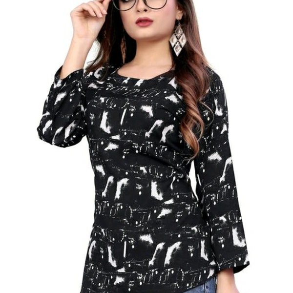 Black Printed Crepe Top For Women - L