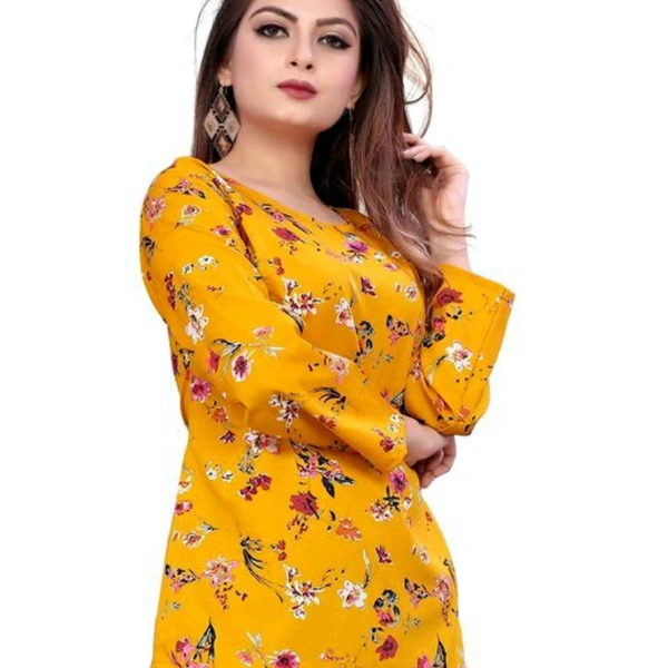 Yellow Printed Floral Crepe Top For Women - L
