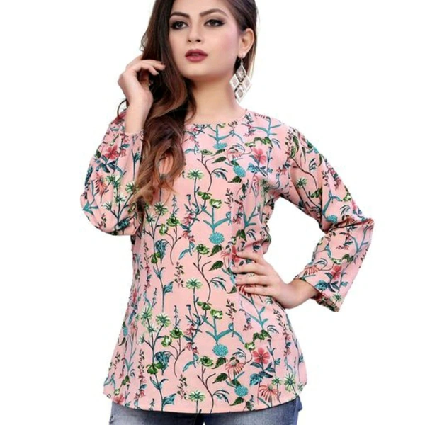 Floral Printed Pink Crepe Top For Women - M