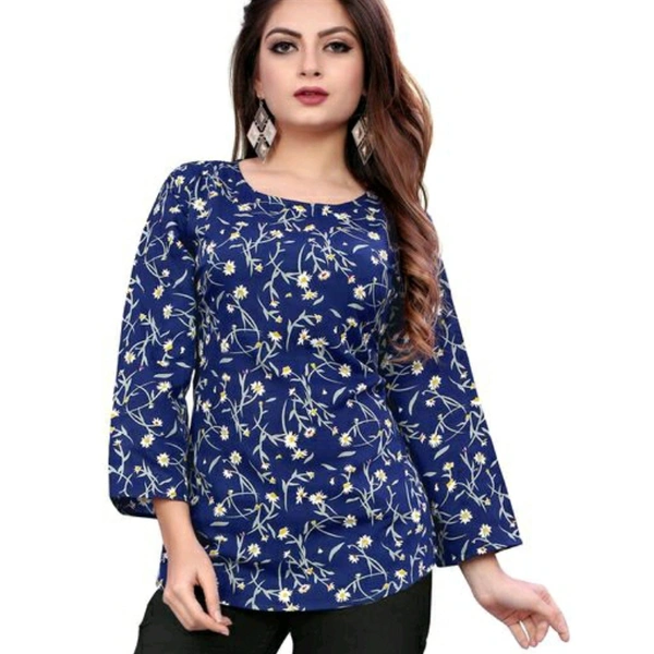 Blue Floral Printed Crepe Top For Women - L
