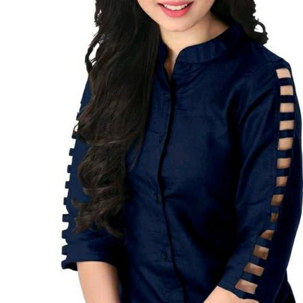 Navy Blue Full Sleeve Buttoned Top For Women - S