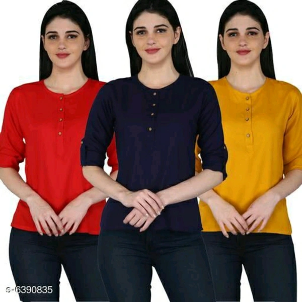 Red, Navy Blue And Yellow Combo Set Of Full Sleeve Tops - M