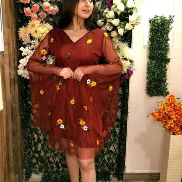 Floral Embroidered V Neck Dress With Flared Sleeves - Red, M