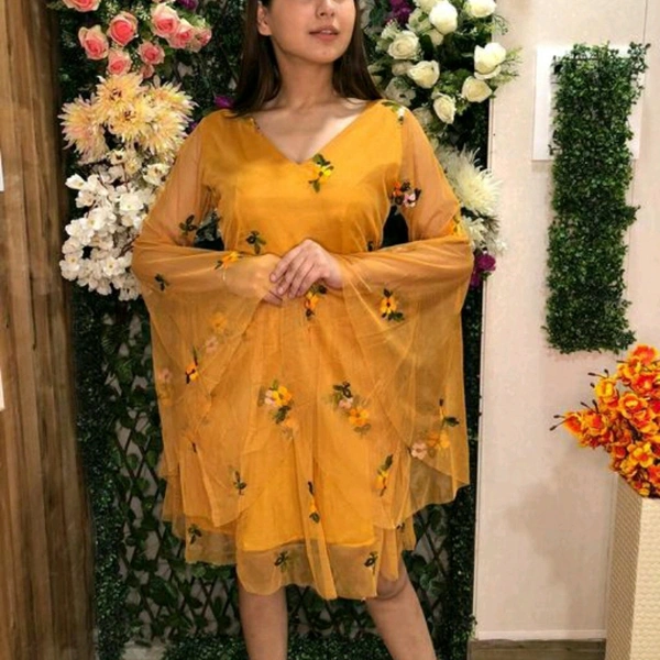 Floral Embroidered V Neck Dress With Flared Sleeves - Yellow, M
