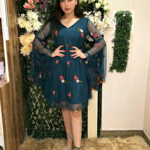Floral Embroidered V Neck Dress With Flared Sleeves - Blue, M