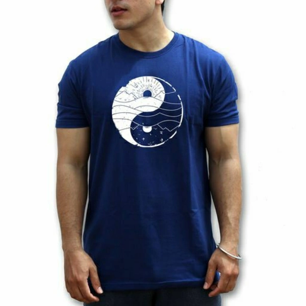 Yin Yang Printed Cotton T-shirt For Men - Blue, XXL