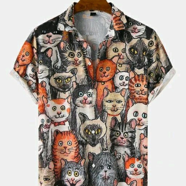 Cat Printed Cotton Half Sleeve Shirt - L