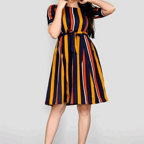 Yellow Horizontal Striped Pattern Cotton Dress - S