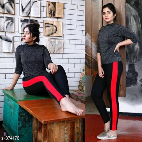 Red Striped Black Cotton Lycra Jeggings - 30