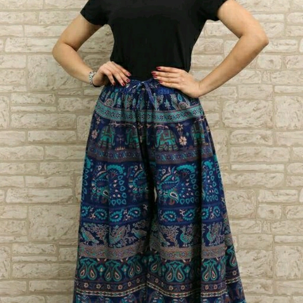 Navy Blue Patterned Cotton Palazzo - Free Size