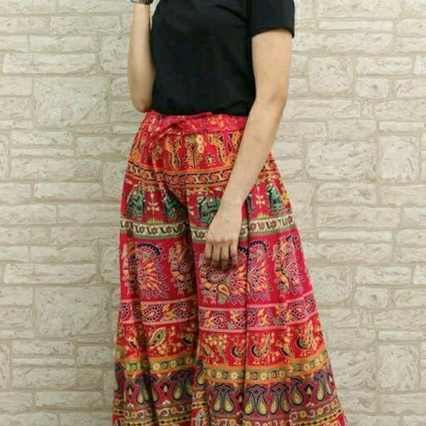 Red Patterned Cotton Palazzo - Free Size