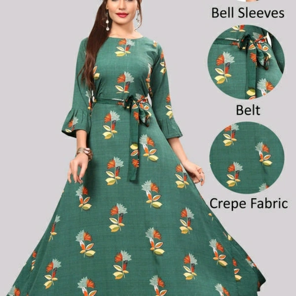 Green Printed Crepe Three Quarter Sleeve Dress For Women - XL