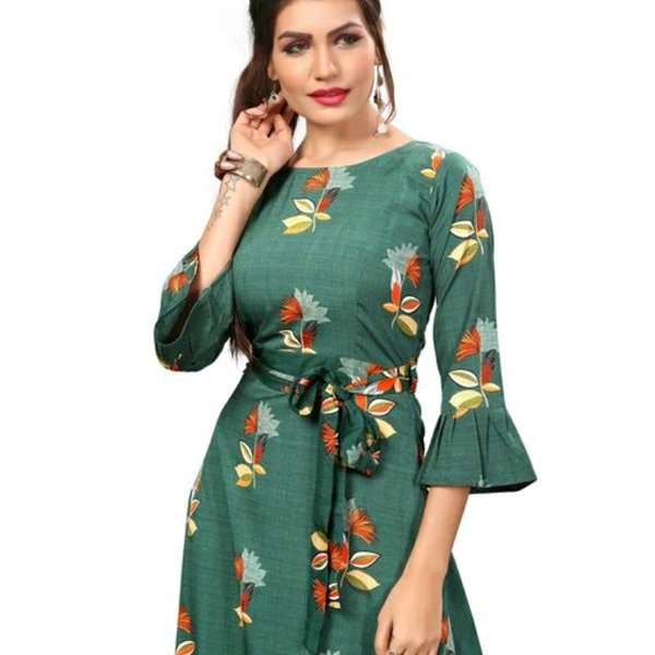 Green Printed Crepe Three Quarter Sleeve Dress For Women - XL