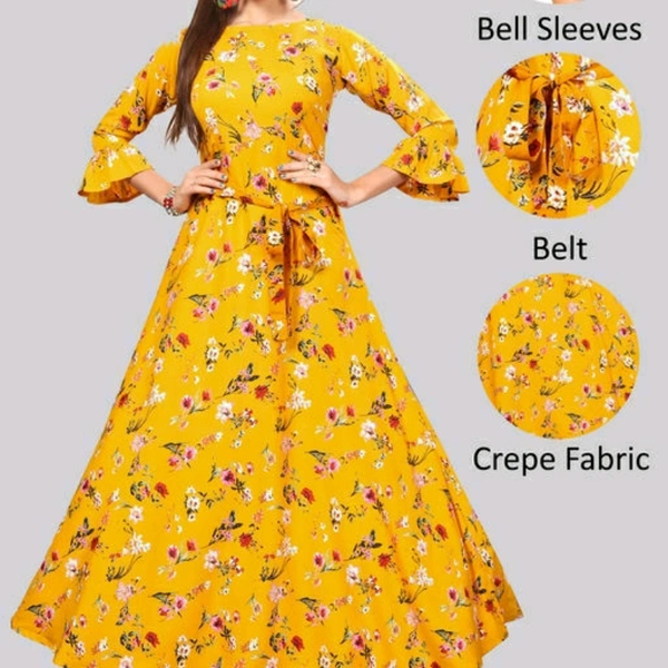 Yellow Printed Crepe Three Quarter Sleeve Dress For Women - M