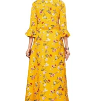 Yellow Printed Crepe Three Quarter Sleeve Dress For Women - M