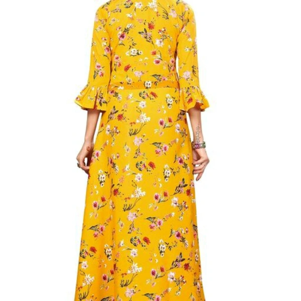 Yellow Printed Crepe Three Quarter Sleeve Dress For Women - M