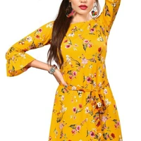 Yellow Printed Crepe Three Quarter Sleeve Dress For Women - M