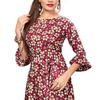 Red Printed Crepe Three Quarter Sleeve Dress For Women - S