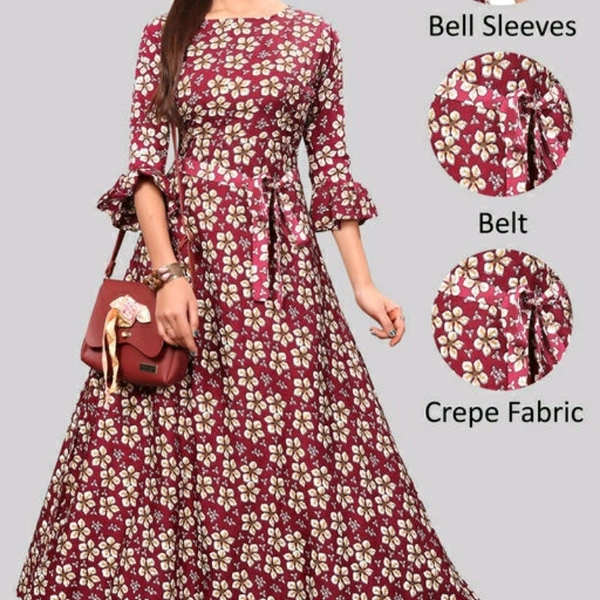 Red Printed Crepe Three Quarter Sleeve Dress For Women - S