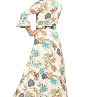 White Printed Crepe Three Quarter Sleeve Dress For Women - S