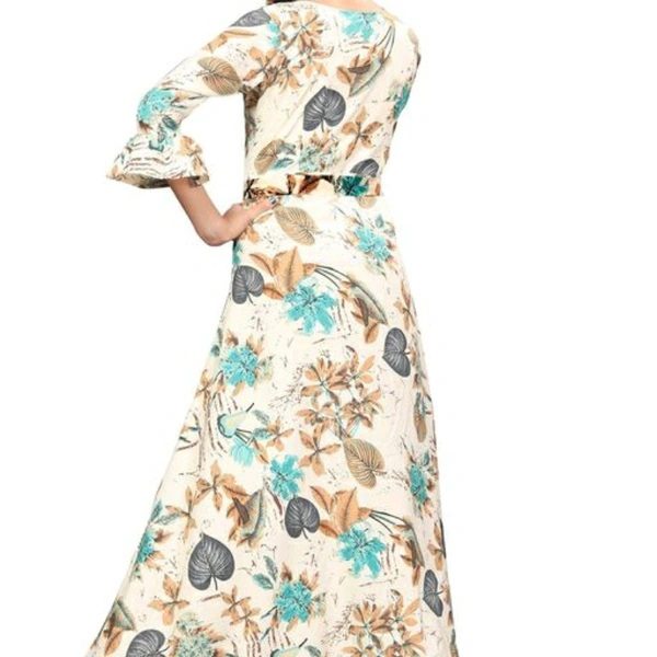 White Printed Crepe Three Quarter Sleeve Dress For Women - S