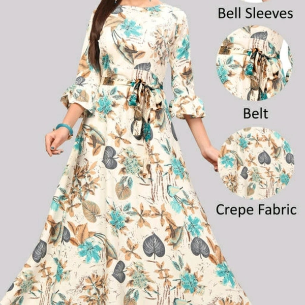 White Printed Crepe Three Quarter Sleeve Dress For Women - S