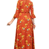 Orange Printed Crepe Three Quarter Sleeve Dress For Women - M