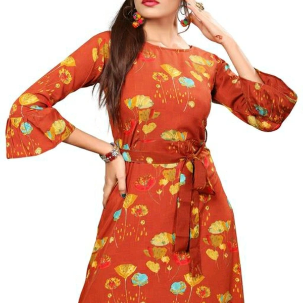 Orange Printed Crepe Three Quarter Sleeve Dress For Women - M