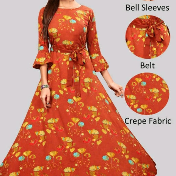 Orange Printed Crepe Three Quarter Sleeve Dress For Women - L